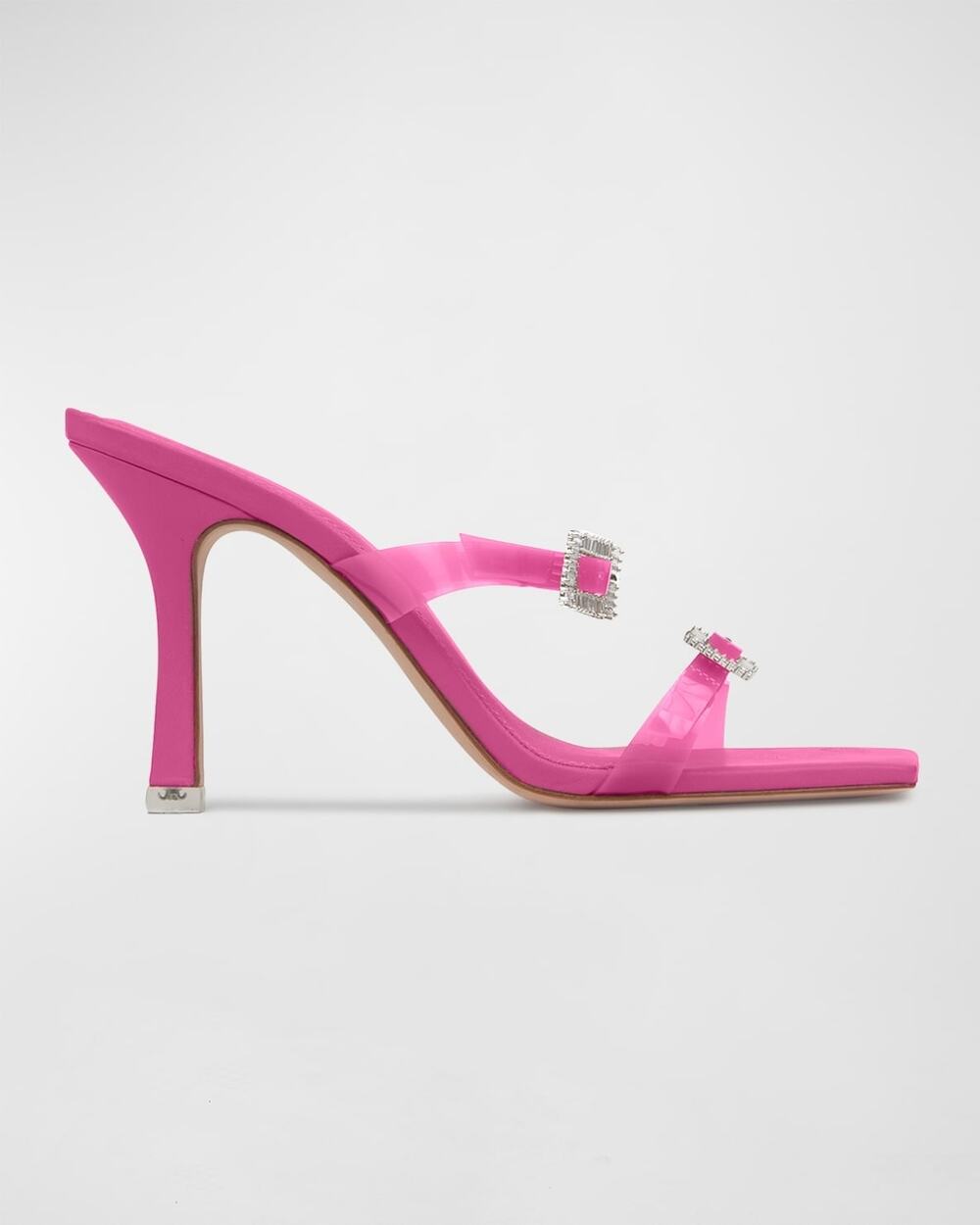 Black Suede Studio Vera Fuchsia Satin Crystal Buckle Pointed Toe Stiletto Mules